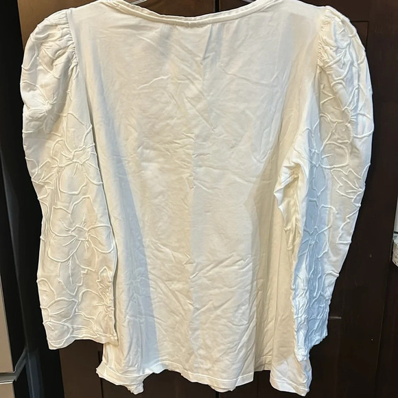Chicos Women’s (L) White Floral Embroidered Puff Sleeve Stretchy Cotton Top - Picture 5 of 6